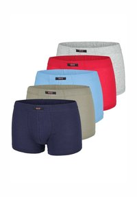 Fünf Paar Herren-Boxershorts in Marineblau, Grau, Rot, Hellblau und Olivgrün. Hergestellt aus weichem Stoff mit elastischen Taillenbündchen und Logos.