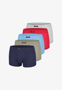 Cinco pares de calzoncillos de hombre en azul marino, gris, rojo, azul claro y verde oliva. Hechos de una tela suave, con cinturillas elásticas que presentan logotipos.