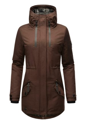 Brown insulated jacket with a hood, zippered front, two front pockets, and textured fabric. Features gray hardware and elastic wrist cuffs.