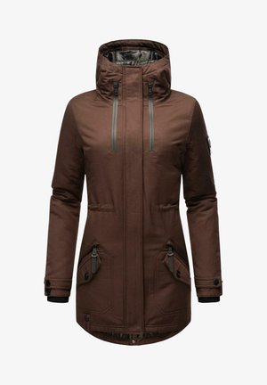 Giacca isolata marrone con cappuccio, chiusura con zip frontale, due tasche anteriori e tessuto testurizzato. Presenta hardware grigio e polsini elasticizzati.