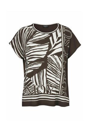 Brown and white short-sleeve top with abstract leaf patterns and text accents, featuring a round neckline and relaxed fit.