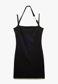 Musta istuva mekko sileästä kankaasta, jossa on ohuita säädettäviä olkaimia ja suora kaula-aukko sekä kaksi sivusaumaa.