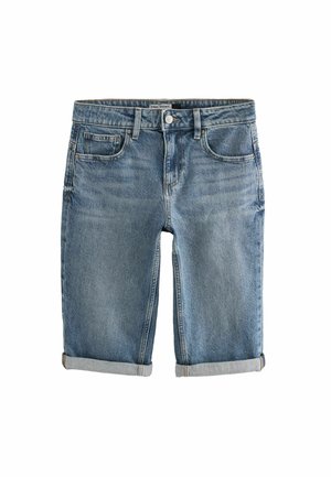 Farkkutrikoot vaaleansinisinä, käännetyillä lahkeilla, viidellä taskulla, edessä nappikiinnitys ja hillitty haalistuminen, valmistettu puuvillakankaasta.