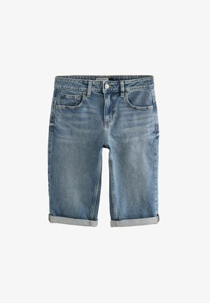 Farkkutrikoot vaaleansinisinä, käännetyillä lahkeilla, viidellä taskulla, edessä nappikiinnitys ja hillitty haalistuminen, valmistettu puuvillakankaasta.