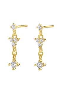 Pendientes colgantes en tono dorado con cadenas entrelazadas y cinco cristales redondos y transparentes en un patrón floral. Textura suave con acabado pulido.