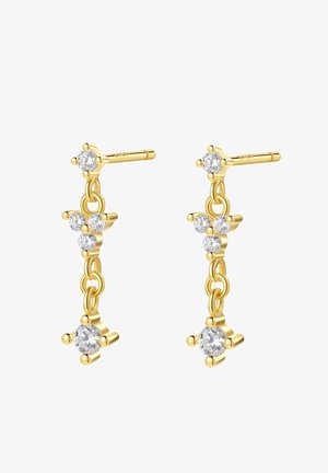 Gold-tone drop earrings featuring linked chains and five round, clear crystals in a floral pattern. Smooth texture with polished finish.