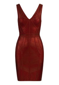 Abito rosso fitted senza maniche con scollatura a V, caratterizzato da motivi geometrici testurizzati e una vita ben definita.