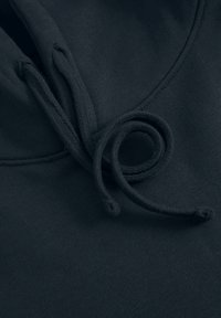 Dark navy hoodie with a soft texture. Features a drawstring with a coiled design and two ends, and a rounded neckline.