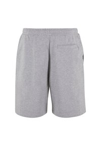 Shorts en coton gris avec une taille élastique, dotés d'une poche arrière unique et d'une texture lisse, conçus pour le confort et la liberté de mouvement.