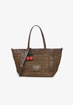 Brown woven tote bag with leather trim, two handles, a detachable strap, and red cherry decoration on the front.