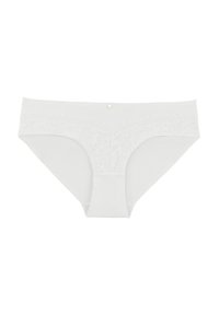 Culotte en dentelle blanche avec un motif floral délicat au niveau de la taille, en tissu lisse et avec un petit accent doré à l'arrière.