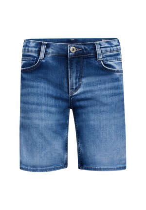 Leren denim shorts in lichtblauw met een vervaagde wassing, voorzien van vijf zakken, een rits en een knoopsluiting. Einde net boven de knie.
