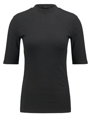 Black ribbed t-shirt with a high neckline and short sleeves. Smooth, fitted design without any patterns or visible hardware details.