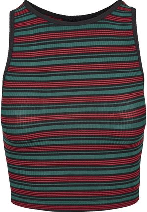 Ärmelloses, kurzes Tanktop mit horizontalen Streifen in Grün, Schwarz und Dunkelrot, mit schwarzer Einfassung am Ausschnitt und an den Armlöchern.