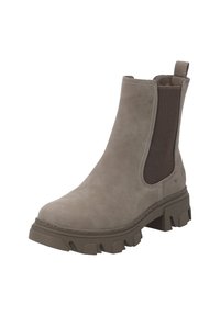 Botín de ante gris hasta el tobillo con paneles laterales elásticos, suela de goma gruesa y tirador. Presenta costuras en contraste y un acabado texturizado.