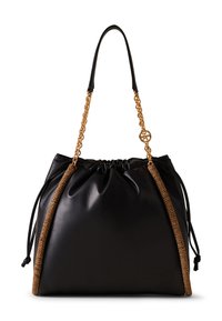 Black leather handbag with a drawstring top, featuring a textured brown accent on the sides and a gold chain strap.