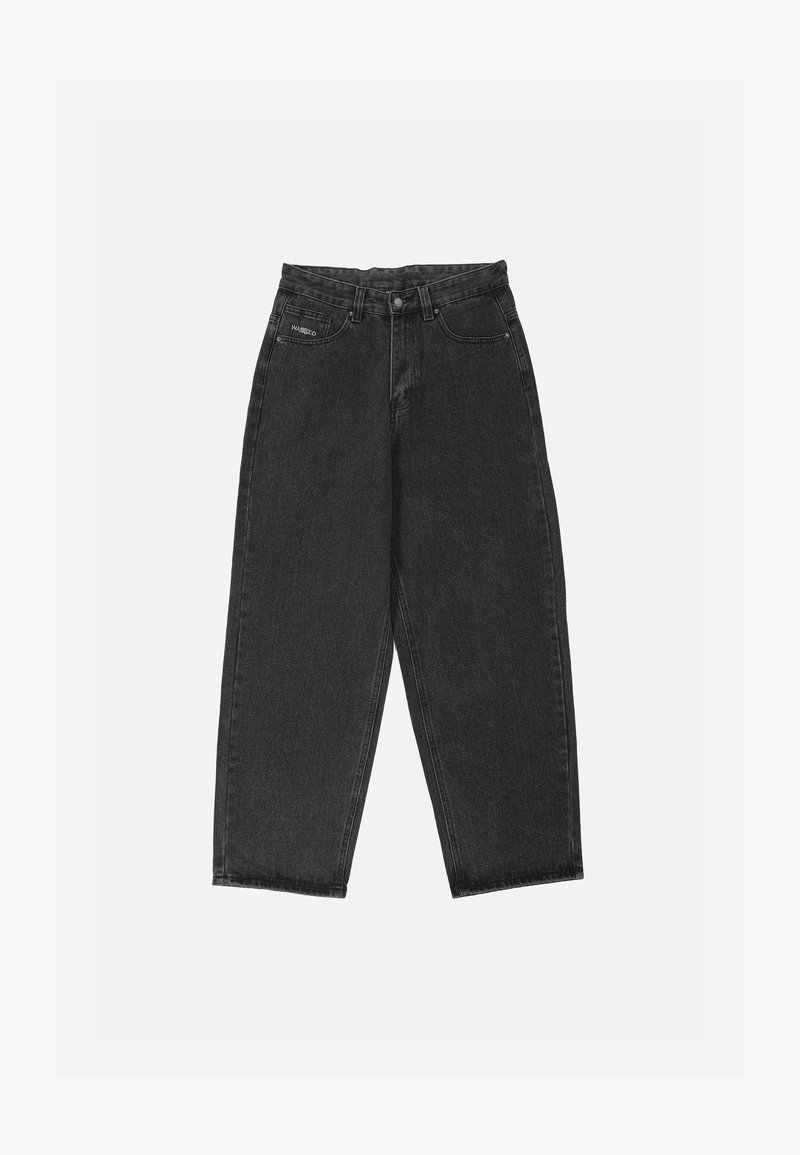 Black denim pants with a relaxed fit, featuring a high waist, button closure, and five-pocket design. Fabric has a smooth texture.