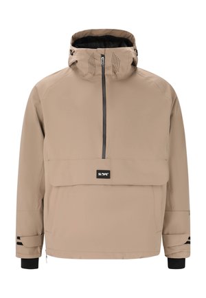 Beige, vedenkestävä takki, jossa on korkea kaulus, etuvetoketju, suuri etutasku ja mustat yksityiskohdat hihansuissa ja saumoissa. Sisältää rei'itettyjä yksityiskohtia.