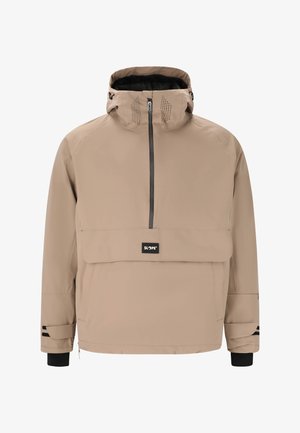 Beige, waterproof jacket with a high collar, front zip, large front pocket, and black accents on cuffs and side seams. Features perforated detailing.