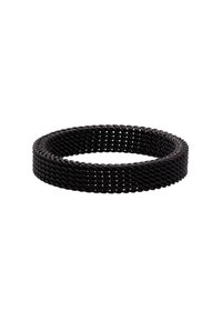 Svart mesh-armbånd med et fleksibelt, vevd design. Har en glatt tekstur og sirkelform, egnet for ulike håndleddsstørrelser.