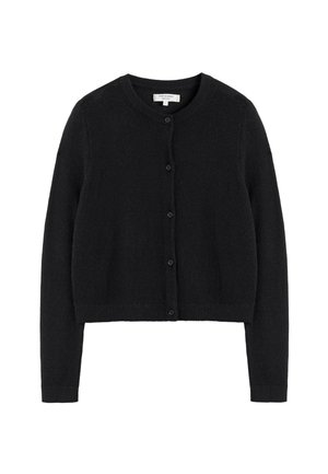 Cardigan nero in tessuto morbido, con scollo rotondo, maniche lunghe e chiusura frontale con bottoni. Polsini e orlo a coste.