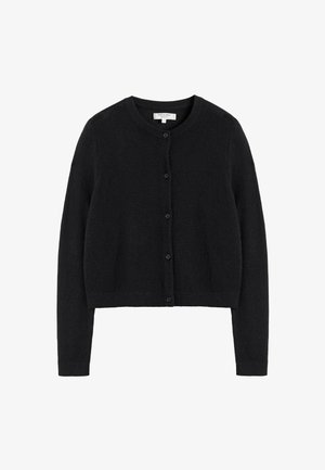 Cardigan nero in tessuto morbido, con scollo rotondo, maniche lunghe e chiusura frontale con bottoni. Polsini e orlo a coste.
