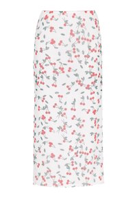 Valkoinen midi-hame, jossa on punaisia ja vihreitä kirsikkakuvioita. Hameessa on slim fit -muotoilu ja hillitty helman viimeistely.
