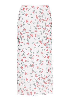 Witte midi-rok met een kersenpatroon in rood en groen. Heeft een slim fit ontwerp met een subtiele zoomafwerking.
