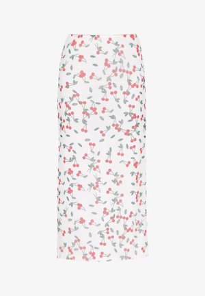 Biele midi sukňa s čerešňovým vzorom v červenej a zelenej farbe. Disponuje štíhlym strihom a jemným lemovaním.