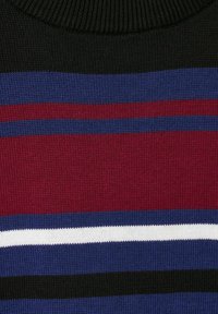 Stickad tröja med en ribbad svart krage. Har djärva ränder i vinröd, blå och vit på en texturerad bakgrund.