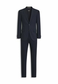 Costume deux pièces pour homme bleu marine foncé avec un blazer à deux boutons et un pantalon assorti, présenté sur fond blanc.