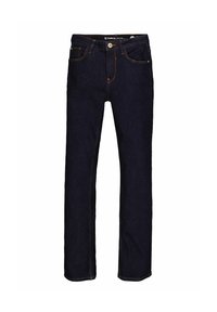 Jean en denim bleu foncé avec une coupe droit, coutures orange, design à cinq poches et fermeture à bouton en métal à la taille.