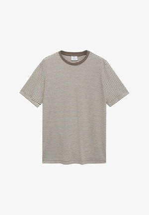 Tricou din bumbac cu mâneci scurte, cu dungi orizontale în nuanțe de bej și marron. Decolteu rotund cu o textură moale.