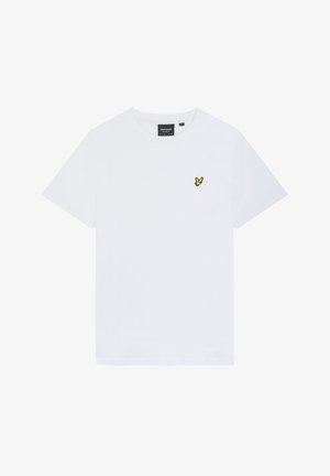 Witte katoenen t-shirt met een ronde hals, korte mouwen en een klein geel vogellogo op de linkerborst. Eenvoudig en onversierd ontwerp.