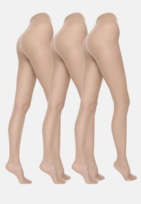 Beżowe legginsy wyeksponowane w trzech parach, o gładkiej, przezroczystej fakturze i bezszwowym pasie. W pozycji stojącej ukazują projekt z stopami.