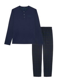 Marineblaues langärmliges Schlafanzugoberteil mit Knopfleiste und Brusttasche; kombiniert mit karierter Hose in Blau- und Grüntönen mit elastischem Bund.