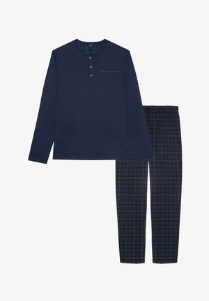 Laivastonsininen pitkähihainen pyjamapaita, jossa on napitus ja rintatasku; yhdistetty sinivihreisiin ruutukuosisisiin lahkeisiin, joissa on joustava vyötärö.