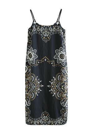 Sort ærmeløs kjole med et blomstret og paisley mønster i hvidt og guld, lavet af letvægtsstof med en afslappet silhuet.