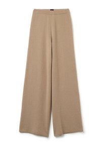 Pantalons beige à jambe large en tissu doux avec une taille côtelée et une texture subtile. Coupe ample avec un design longueur complète et sans motifs visibles.