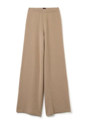 Beige weite Hosen aus weichem Stoff mit einem gerippten Bund und subtiler Textur. Lockere Passform mit durchgehendem Design und ohne sichtbare Muster.