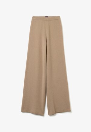Beige weite Hosen aus weichem Stoff mit einem gerippten Bund und subtiler Textur. Lockere Passform mit durchgehendem Design und ohne sichtbare Muster.
