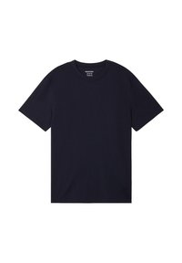 T-shirt in cotone blu navy con maniche corte e collo rotondo. Texture liscia, senza motivi e design minimalista, adatta per un abbigliamento casual.