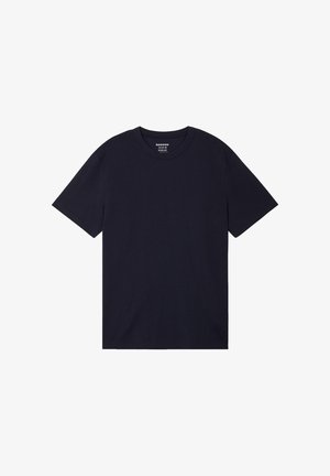 Camiseta de algodón azul marino con mangas cortas y cuello redondo. Textura suave, sin estampados y diseño minimalista, adecuada para uso casual.