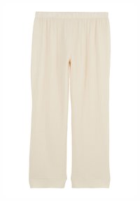 Pantalon beige clair à jambes larges en tissu texturé. Doté d'une taille élastique et de bas de jambes ourlés. Des lignes verticales créent un motif subtil.