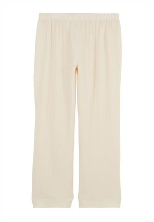 Pantalon beige clair à jambes larges en tissu texturé. Doté d'une taille élastique et de bas de jambes ourlés. Des lignes verticales créent un motif subtil.