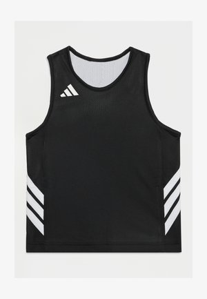 Čierny športový dres bez rukávov s bielou sieťovinovou podšívkou, bielym logom Adidas na hrudi a tromi bielymi pruhmi na každej strane.