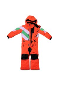 Felle oranje sneeuwoverall met witte en groene diagonale strepen, zwarte accenten op de benen, capuchon en ritsen. Bevat meerdere zakken en een volledige rits.