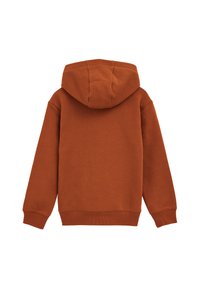 Felpa con cappuccio in arancione ruggine, realizzata in tessuto misto cotone, con tasca a marsupio e polsini e orlo a coste. Tessuto liscio.