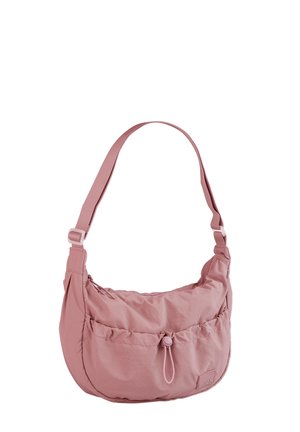 Pink nylon shoulder bag with an adjustable strap. Features a gathered design, front pocket with a drawstring closure, and branded patch.