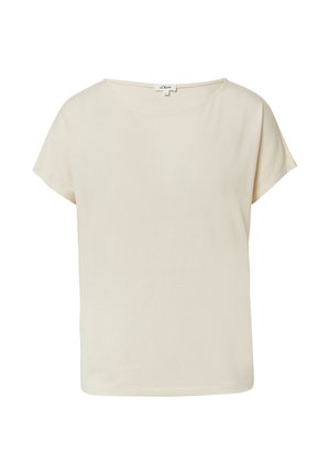 T-shirt beige a maniche corte realizzata in tessuto morbido, con scollo rotondo e vestibilità comoda, orlo pulito e design semplice e privo di decorazioni.